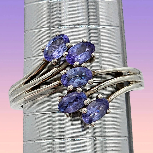 925 Sterling Silver Tanzanite Asymmetrical Ring 8.75 - Five Oval Gems 5x3mm - Picture 3 of 5